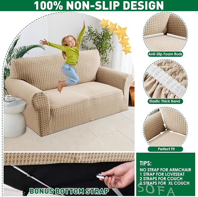 MAXIJIN Stretch Sofa Chair Slipcovers with Arms (31"-46 Washable Chair Cover Armchair with Non-Slip Foam & Elastic Bottom, Dog Cat Pet Friendly Furniture Protector (Small, Khaki)