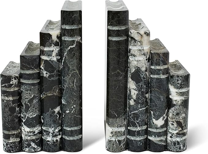 Library Style Solid Marble Bookends - Set of 2 Heavy Decorative Book Stoppers with Non-Skid Bottom – All Natural Polished Marble Bookend Black + White (7x4x5 inches)
