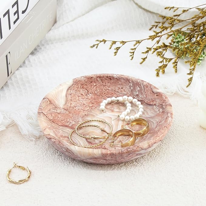 Small Natural Marble Jewelry Tray Key Plate Holder Dish Trinket Decor Catch All Bowl for Ring Earring Stone Gift for Women Daugther,Shell Pink,5.5"