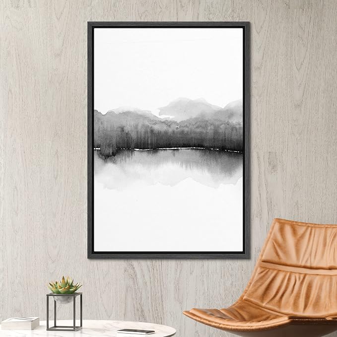 SIGNWIN Framed Canvas Print Wall Art Black & White Mountain Lake Horizon Wilderness Nature Illustrations Modern Chic Relax/Calm Multicolor for Living Room, Bedroom, Office - 24"x36" Black