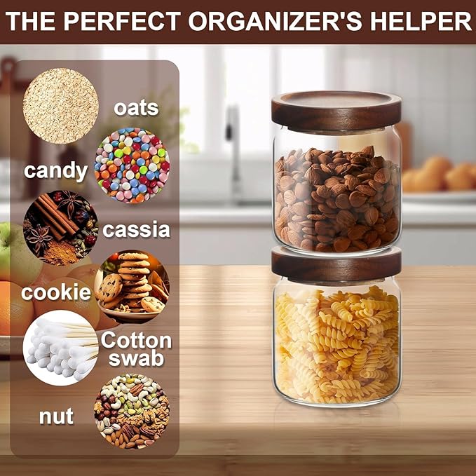 16oz Glass Airtight Food Storage Jars with Acacia Wood Lid - Kitchen Canisters for Coffee,Tea,Sugar,Spices,Herbs,and Candy - Airtight,Eco-Friendly, and Stylish for Pantry or Countertop (9PCS)