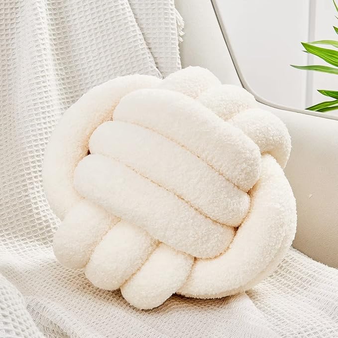 Uvvyui Knot Pillow Ball, Soft Home Decorative Pillows, Round Throw Pillow, Handmade Knotted Plush Pillow, Round Boucle Pillow Cushion (14 Inches Ivory)