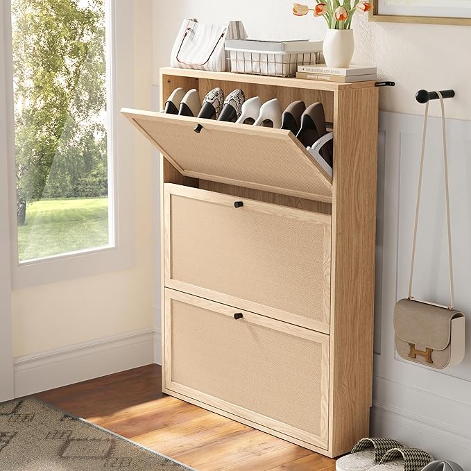 Shoe Cabinet Storage with 3 Flip Drawer for Entryway, 31.5 Inch Farmhouse Slim Narrow Wood Storage Cabinet for Shoes, Freestanding Shoe Organizer for Living Room, Aparment (Natural)