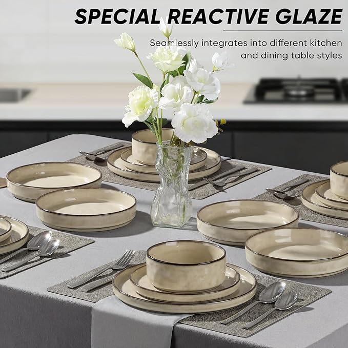 E-far 24-Piece Plates and Bowls Sets with Pasta Bowls - Stoneware Dinnerware Set for 6, Modern Ribbed Dishes, Microwave & Dishwasher Safe, Sandy Khaki