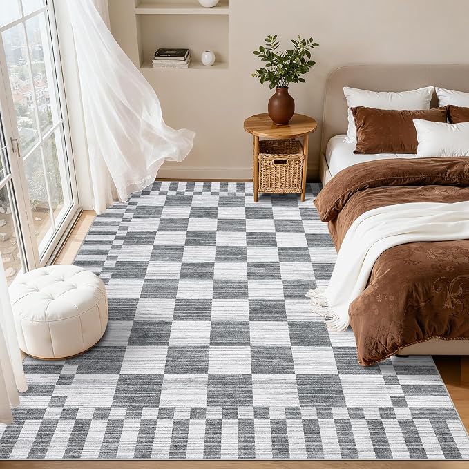 GarveeHome Grey Checkered Rug,Washable 3x5 Rug Non Slip for Entryway, Soft Low-Pile, Modern Farmhouse Geometric Small Area Rugs for Bedroom Kitchen