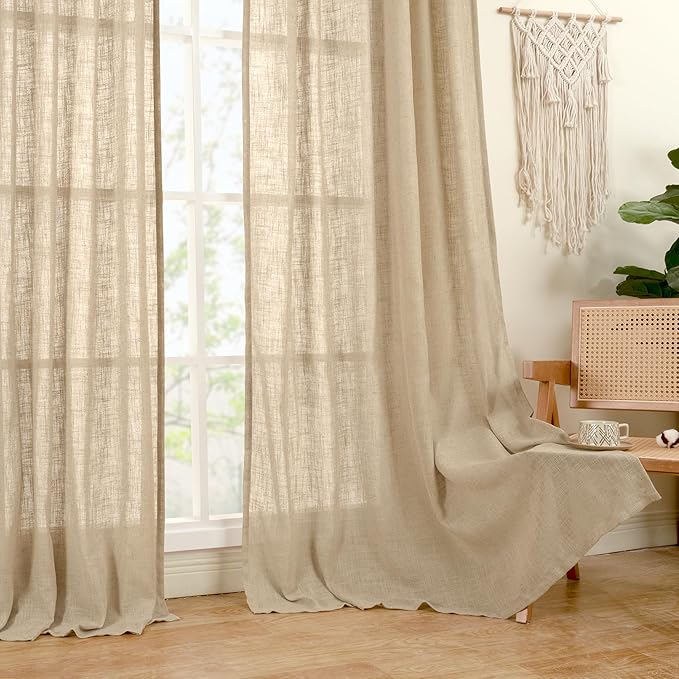 LAMIT 63 Inch Sheer Linen Window Curtains, Light Filtering Panels Back Tab and Rod Pocket Neutral Drapes for Bedroom/Living Room, Brown, 2 Panels, 34 x 63 Inch