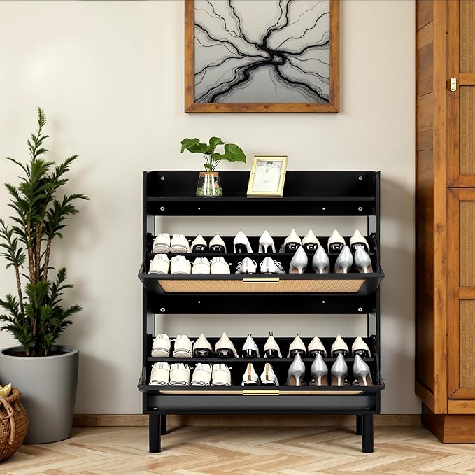 Finnhomy Extended Shoe Cabinet with Natural Rattan Flip Drawers for Entryway, Free Standing 2 Tier Slim Shoe Organizer with Large Top Board, Shoe Cabinet with 3-Gear Adjustable Width Drawers, Black
