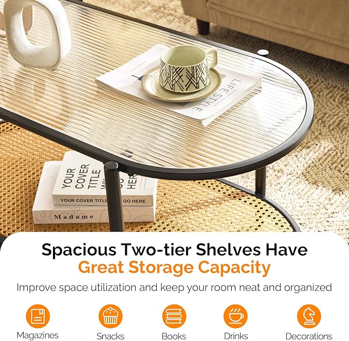 VINGLI 38" Oval Coffee Table with Rattan Shelf, Glass Metal Coffe Table, Skinny Coffee Tables with 2-Tier Storage, Modern Center Table for Living Room, Office, Small Space, Black