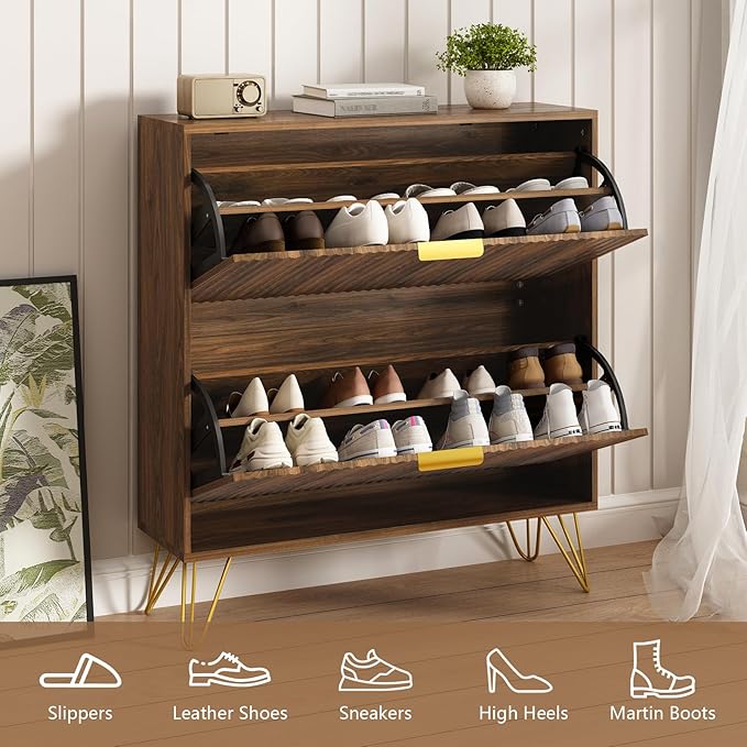 Shoe Storage Cabinet with 2 Flip Drawers, 31.5" W Fluted Shoe Cabinet for Entryway, Hidden Shoe Cabinet Storage, Narrow Free Standing Shoe Orgnaizer Rack Cabinet for Foyer Hallway, Natural