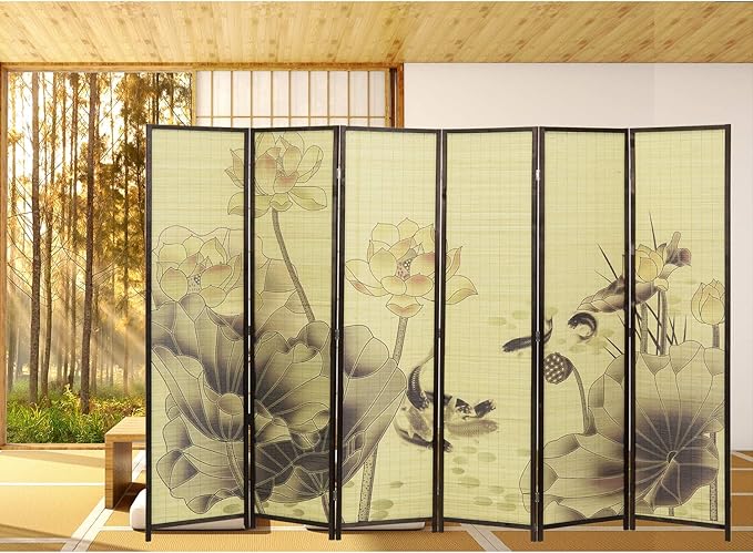 MyGift Decorative 6-Panel Folding Room Divider Bamboo Screen with Chinese Calligraphy Design, 6FT Freestanding Room Partitioner with Dark Brown Wood Frame 114.25''W x 70.75''H