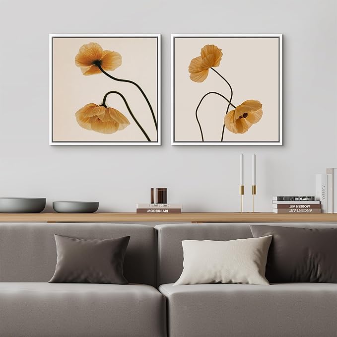 SIGNFORD Framed Canvas Print Wall Art Set Minimal Floral Poppy Soft Beige Botanical Modern Art Relax/Calm for Living Room, Bedroom, Office - 16"x16"x2 WHITE
