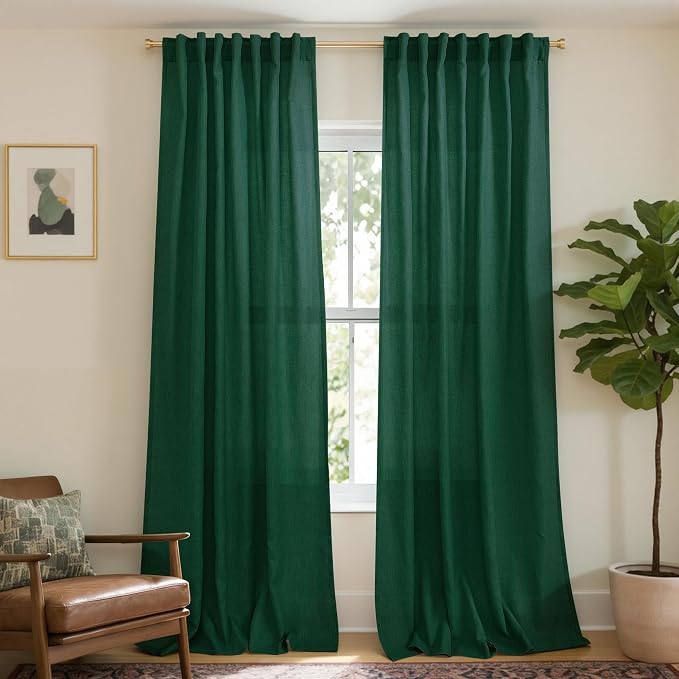 KOUFALL Dark Emerald Green Curtains for Living Room 108 Inch Long,Sheer Linen Holiday Curtains for Bedroom Dining Room 2 Panels Set