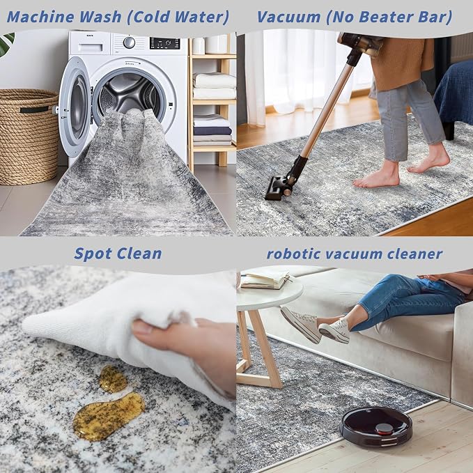 3x6 Washable Kitchen Runner Rug - Non Slip Stain Resistant Low-Pile Thin Wide Carpet Runners for Entryway Hallway Bathroom Bedside,Modern Neutral Abstract(Blue Grey,3x6)