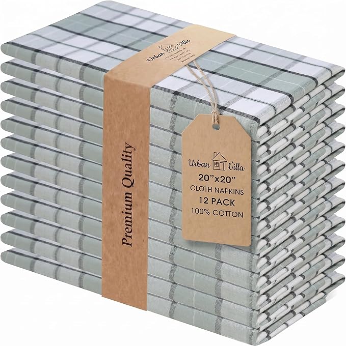 Urban Villa Cloth Napkins 100% Cotton Highly Absorbent Washable Reusable Premium Dinner Napkins Ideal for Gifts for Mothers Day Hotel Farmhouse Parties - Majestic Checks (20" x 20", Set of 12)