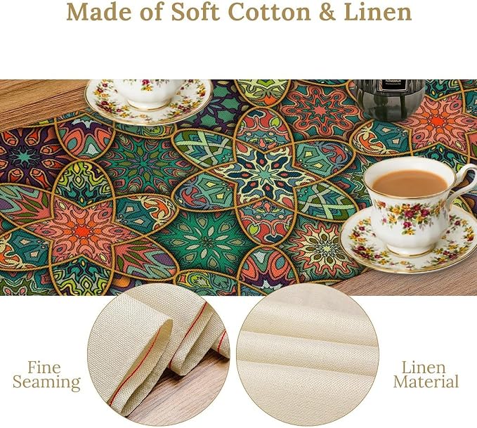 YCness Bohemian Vintage Dining Table Runner Boho Geometric Moroccan Mandala Retro Table Runner for Kitchen Dining Home Party Decor Green 13x36 Inch