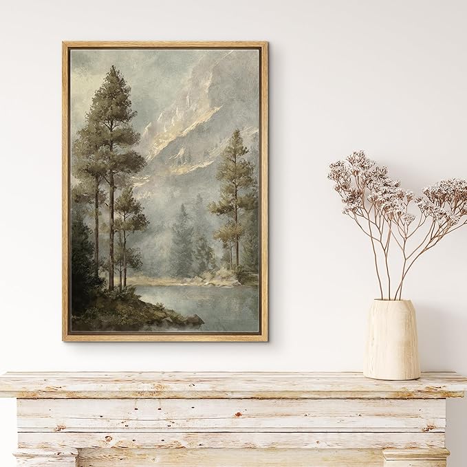 MUDECOR Framed Canvas Print Wall Art Pine Forest and Mountain View Classic Nature Landscape Illustrations Minimalism Decorative Bohemian Zen for Living Room, Bedroom, Office - 16"x24" NATURAL