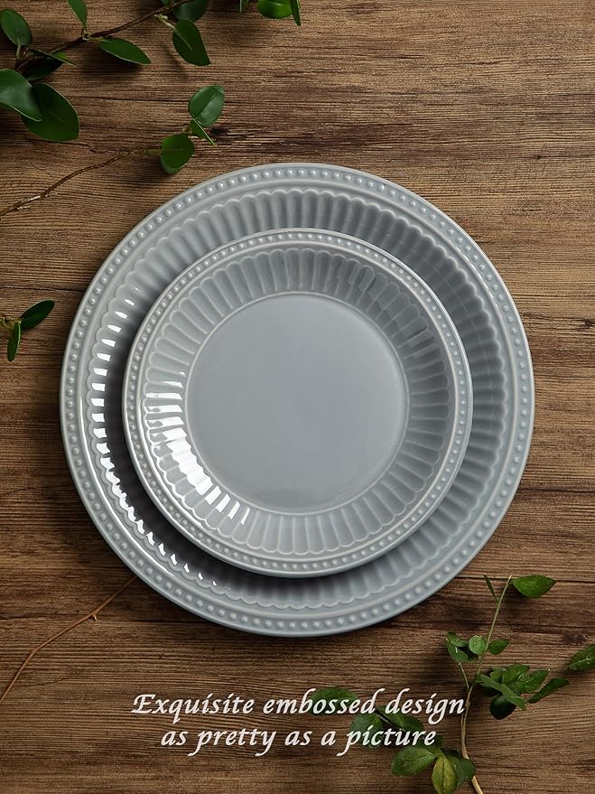 Famiware Garden Plates and Bowls Set for 6, 18-Piece Kitchen Dishes Dinnerware Set - Microwave and Dishwasher Safe, Scratch Resistant, Reactive Glaze and Embossed Stoneware Tableware, Bluish Grey