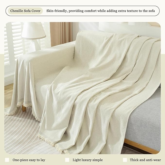 DREAMINGO Modern Minimalism Couch Cover Pets Loveseat Protector Cream White Chenille Sofa Covers for Sectional 3 Seat Couch Boho Herringbone Furniture Cover Throw Sofa Slipcover, 71"x118"