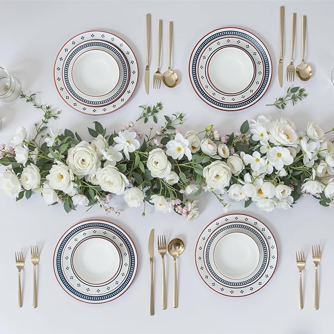Dinnerware Sets for 8, 24-Piece Stoneware Plates and Bowls Sets for 8 Everyday Dishware Sets for 8, Microwave Safe, Scratch-resistant, Vintage Geometric Design, Service for 8
