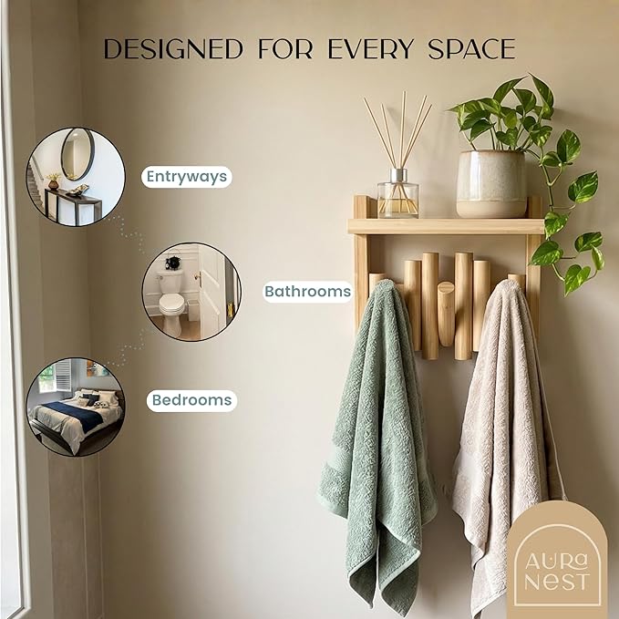 Bamboo Wall Mounted Coat Rack with Shelf Flip Down Wooden Hooks for Entryway Hallway Bedroom | Natural Piano Hanger, 3 Hooks, Space Saving Organizer