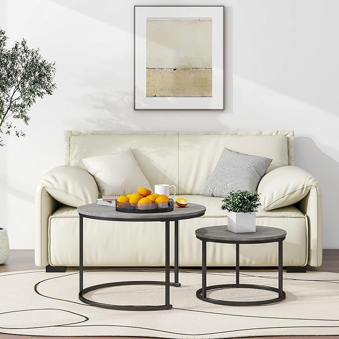 HOJINLINERO Round Coffee Table,Nesting Coffee Table Set of 2,Center Tables for Living Room,Office, Home Small Space,Stacking Side Tables,Sturdy and Easy Assembly,Wood Desktop,Black+Warm Grey,Large
