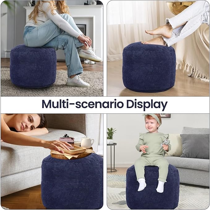 Round Pouf Ottoman Foot Rest with Foam Chunk Filling, Corduroy Ottomans for Living Room Floor Poufs (20"x15",Navy Blue)
