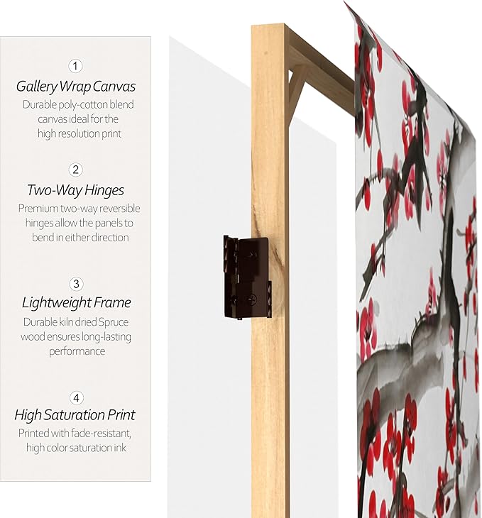 Red Lantern 3 ft. Short Double Sided Plum Blossom Canvas Room Divider 4 Panel Freestanding Folding Privacy Screen Partition and Separator for Modern and Contemporary Bedroom Home Office Studio Dorm