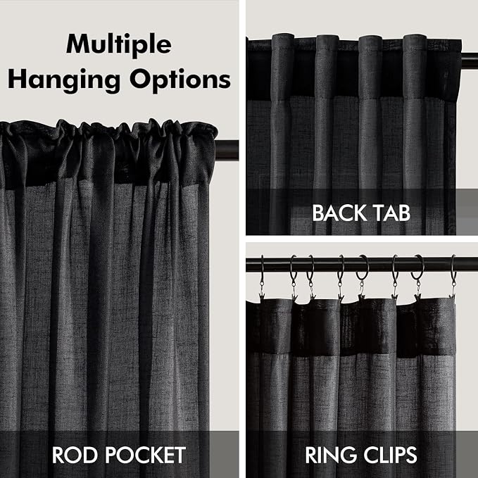 ANRODUO Black Semi Sheer Linen Curatins 84 inches Long Back Tab Light Filtering Flax Linen Textured Curtains Modern Farmhouse Coastal Decor for Bedroom Living Room 84 inch Length 2 Panels Set