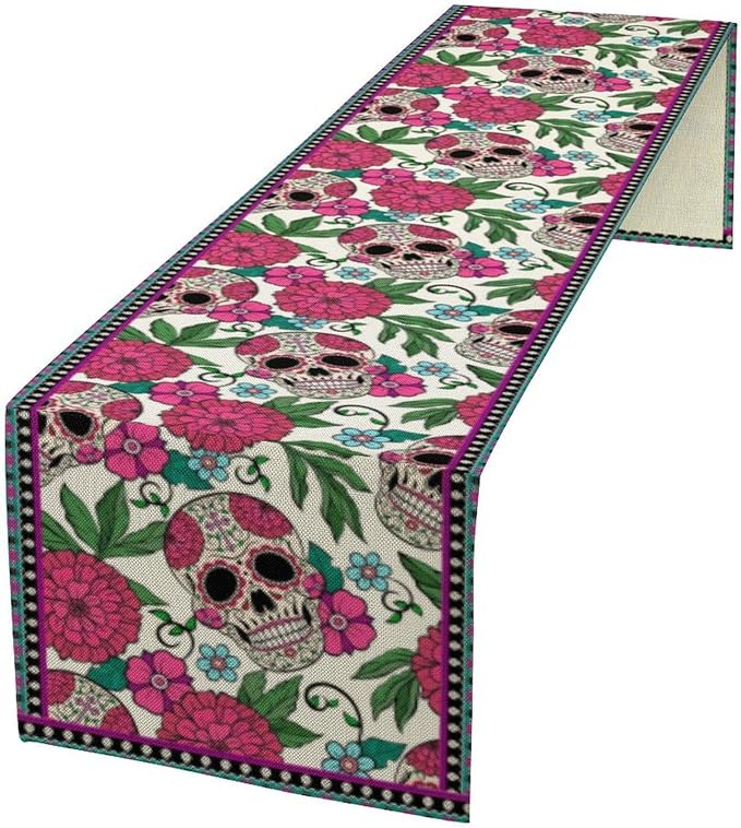 YCness Dia De Los Muertos Table Runner Red Floral Cinco De Mayo Rustic Linen Mexican Sugar Skull Day of The Dead Altar Decoration for Home Kitchen Dining Room, 13x70 Inch White