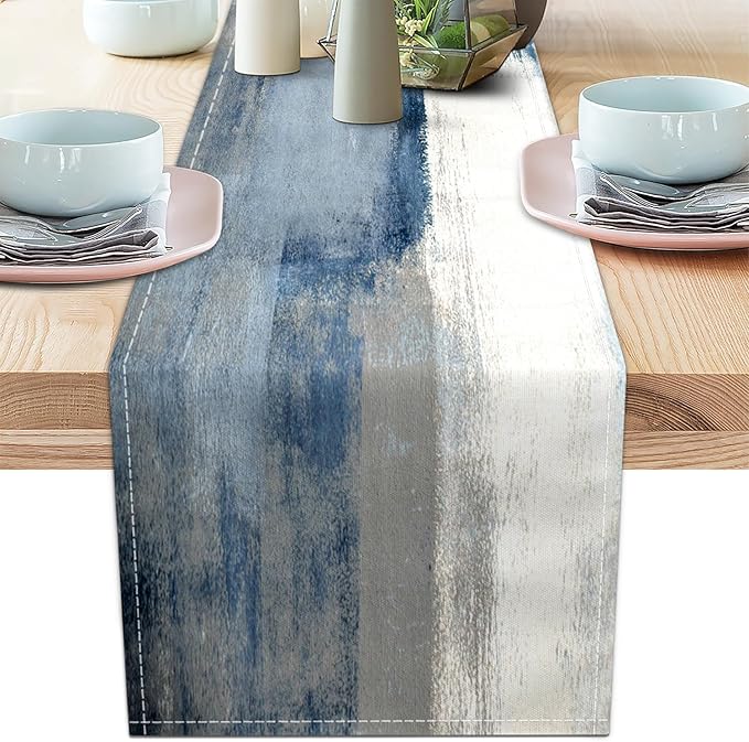 White Gray Table Runners Modern Art Farmhouse Linen Table Runners Dresser Scarves Retro Rustic Style for Party Kitchen Dining Table Coffee Holiday Party Decor (13"x 36")