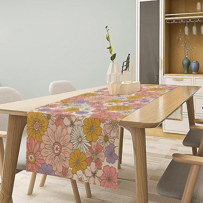 Vintage Floral Table Runner Boho 70s Style Retro Flower Hippie Groovy Funny Pattern Dinner Runner for Home Kitchen Dining Table Party Decor 13"x70"