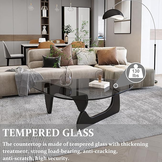 Glass Coffee Table for Living Room Mid Century Modern Coffee Tables Tempered Glass + Solid Wood Base Oval Small Center Table for Small Spaces Unique Triangle Coffee Table Abstract Cocktail Tables