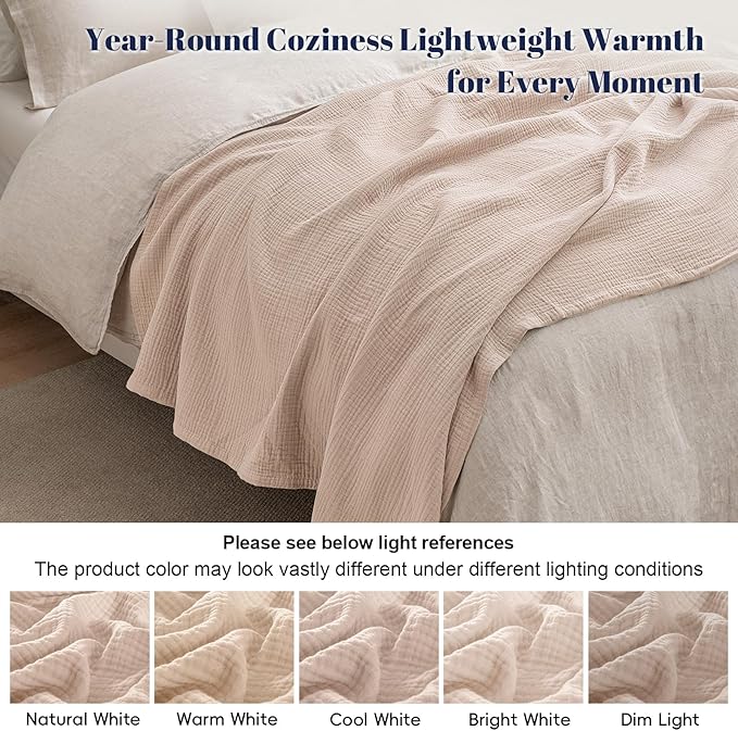 PHF 100% Cotton Muslin Throw Blanket 50" x 60", 4-Layer Lightweight Gauze Throw, Breathable Cloud-Soft Minimalist Blanket for Bed, Couch, Camping, Dusty Pink, Ideal Gift
