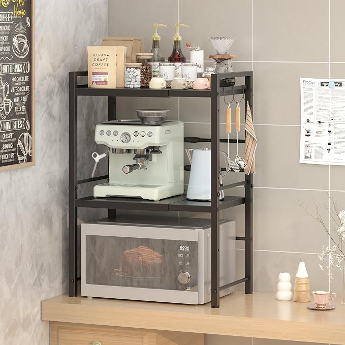 DOLALIKE Microwave Oven Rack, Expandable Microwave Stand Countertop Kitchen Utensils Tableware Storage, Carbon Steel Over Microwave Shelf Countertop with 3 Hooks