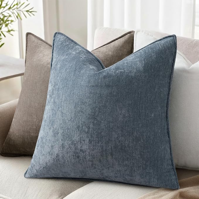 decorUhome Summer Couch Throw Pillow Covers 20x20 Set of 2, Decorative Soft Velvet Modern Cozy Chenille Pillow Cases with Elegant Design for Sofa Bed Living Room Home Decor, Haze Blue