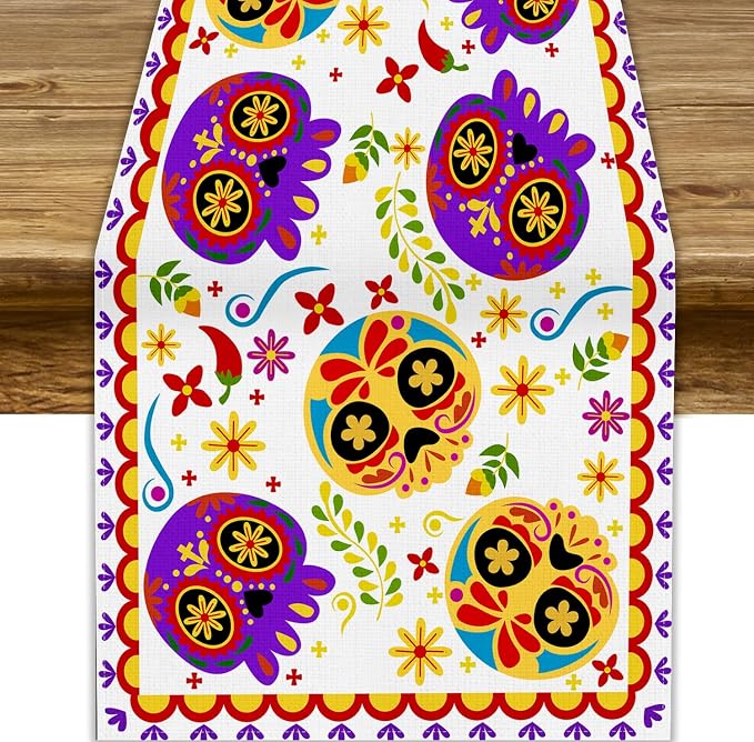 Mexican Fiesta Table Runner Decoration Skull Cinco De Mayo Dia De Los Muertos Runners Farmhouse Rustic Day of The Dead Decor Supplies for Kitchen Dining Home, 13x36 Inch White