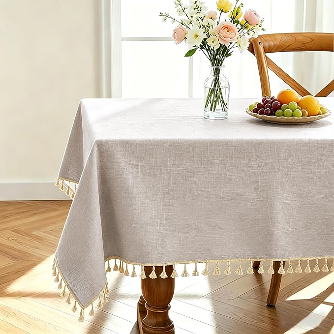 Alsoo Table Cloth Rectangle Table 55" x 120" Linen Look Texture Cotton Tablecloth Waterproof Wrinkle Free Heavy Duty Tables Cover with Tassel for Kitchen Dining Holiday Party, Light