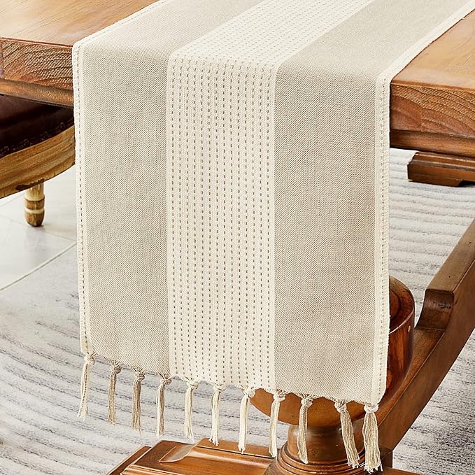 Wracra Linen Table Runner, Farmhouse Macrame Table Runners 48 Inches Long for Dining Table Decor, Wedding, Party and Dresser Decor (Light Coffee,48")