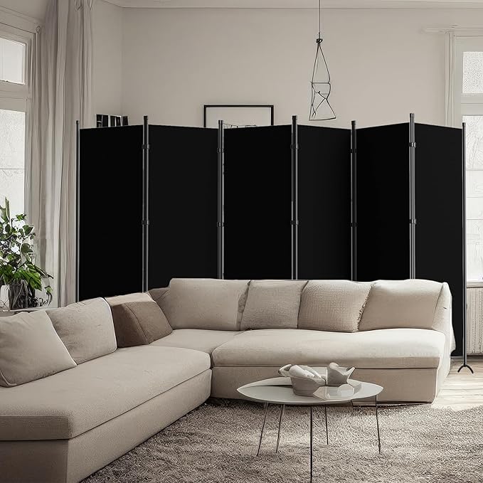 Room Divider, 6 Panel Room Dividers and Folding Privacy Screens, 6FT Partition Room Office Wall Divider for Separation 200" W Fabric, Portable Freestanding Room Divider Wall (Black)