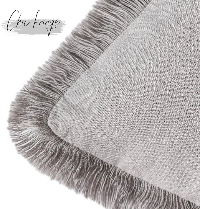 Foindtower Set of 2 Decorative Linen Fringe Throw Pillow Covers Cozy Farmhouse Cushion Cover with Tassels Accent Pillowcase for Couch Chair Sofa Bed Living Room Home Decor,24×24 Inch,Light Rustic Gray