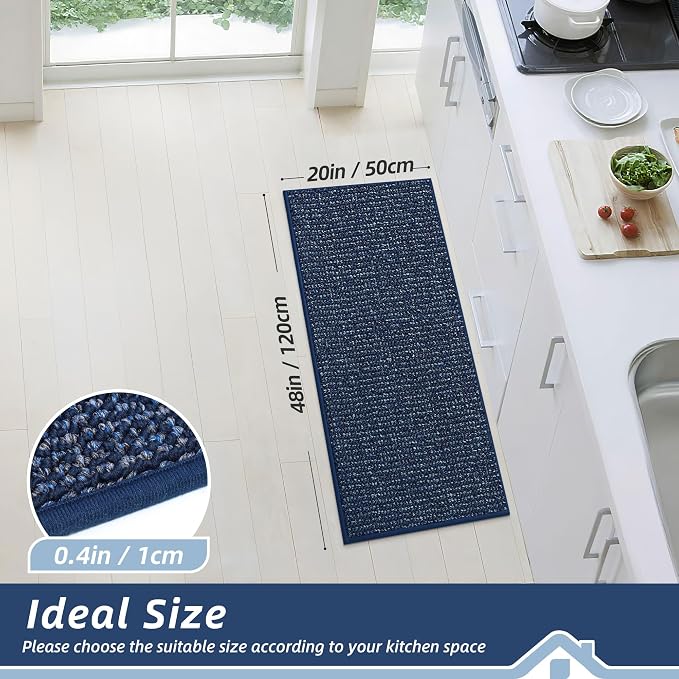 BEQHAUSE Kitchen Runner Rugs 20"x48", Non-Slip Kitchen Mats for Floor, Super Absorbent and Stain Resistant Kitchen Rug, Machine Washable Rugs for Kitchen, Hallway, Laundry & Sink, Blue