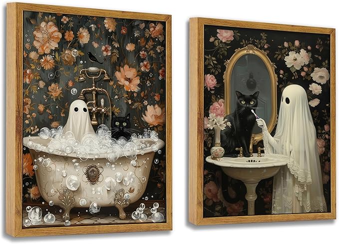 ARTZIO Vintage Ghost & Black Cat Wall Art - 16x24 Inch Framed Artwork, Waterproof, Fade-Resistant, Thick Woodgrain Frame, Includes Installation Nails (Set of 2)