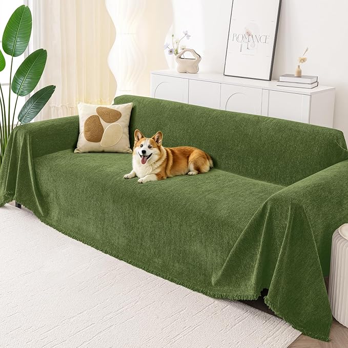 Smiry Couch Cover for Dogs, Washable Chenille Sofa Covers for 3 Cushion Couch, Soft Sofa Slipcover for Pets, Thick Sectional Furniture Protector with Tassels (Green, 71x91 Inch)