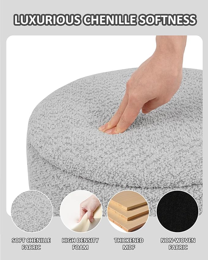 PINPLUS Chenille Folding Ottoman Footstool, Round Storage Ottoman, Soft Fabric, 330 lbs Load Capacity, Large Ottoman for Living Room, Bedroom, Dorm, Silver Grey Colors