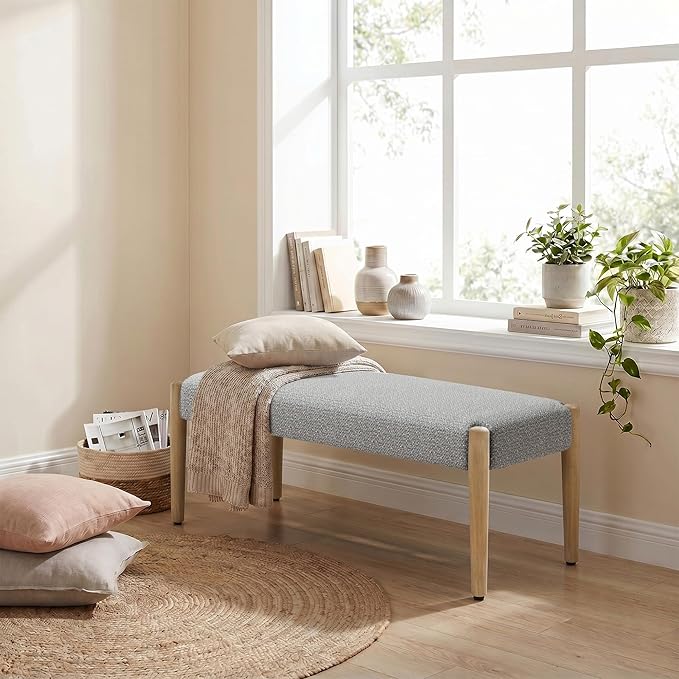 Usaint 42" End of Bed Bench, Modern Upholstered Bedroom Bench with Rubberwood Legs, Entryway Bench with Cushion, Dining Bench for Living Room, Bedroom, Grey with Oak Leg