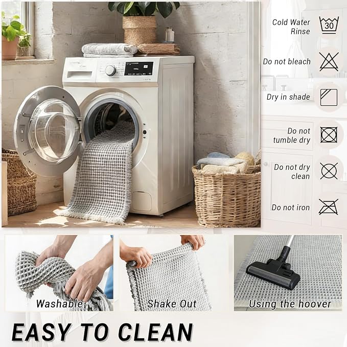 Waffle Bath Mat Set of 2, Non Slip Waffle Rugs for Bathroom, Super Absorbent & Quick Dry Soft Shower Mat for Bathroom & Kitchen Floor, Machine Washable Bath Rugs (Grey & White)
