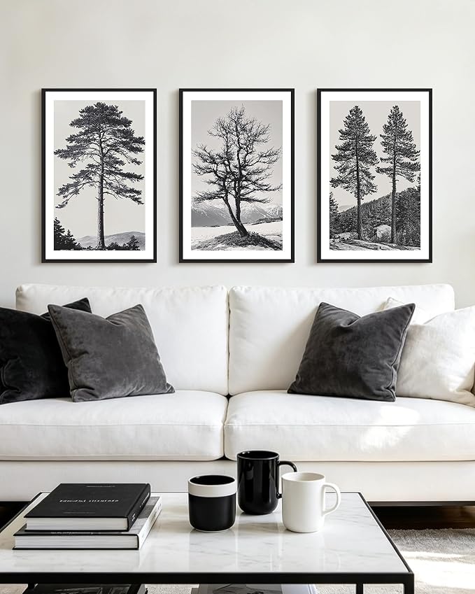 PHOPAGO Vintage Tree Framed Wall Art 16x24in Antique Retro Forest Wall Decor Nature Wilderness Sketch Paints Modern Decor - Black Framed
