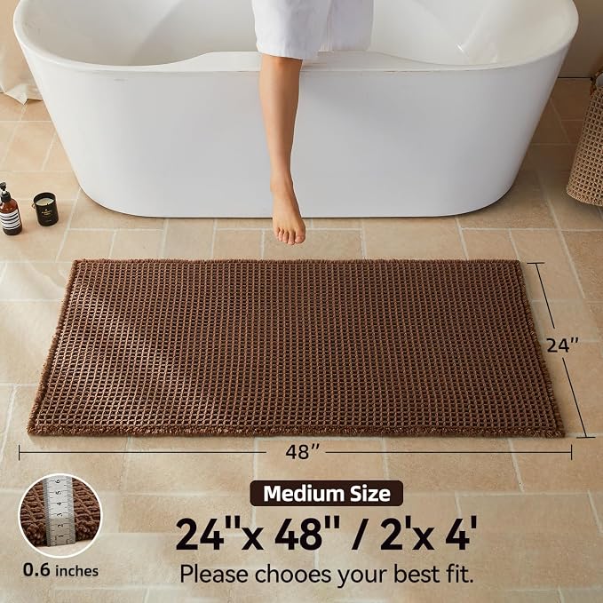 Triohero Waffle Bath Mat, Boho Bathroom Rugs Non Slip Washable, Ultra Soft Super Absorbent Quick Dry Farmhouse Bathroom Decor, 24" x 48", Mocha
