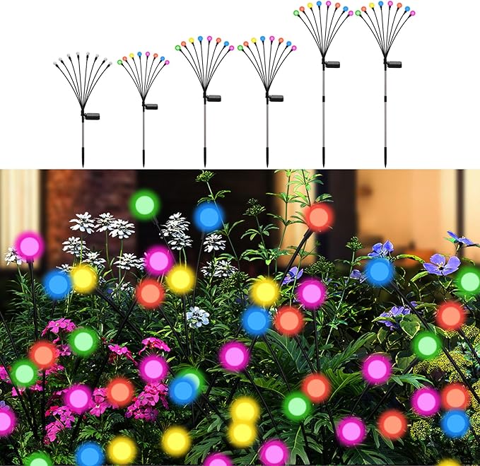 Solar Firefly Lights Multicolor, 6 Pack 800mAh Swaying Firefly Garden Lights Solar Powered Outdoor Waterproof Color Changing for Outside Yard Patio Lawn Pathway Walkway Stake Christmas Decor