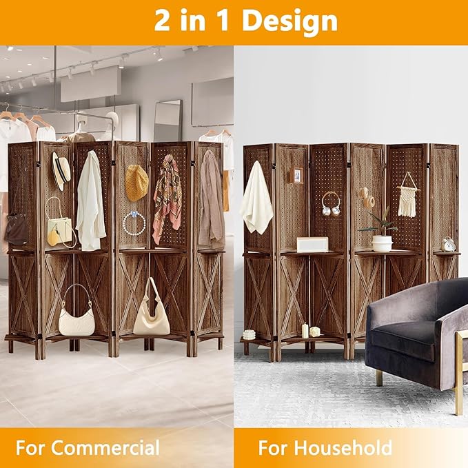 6 Panel Pegboard Display with 24 Hooks, Wooden Pegboard Room Divider Wall with Shelf, Rustic Room Dividers and Folding Privacy Screens, Bedroom, Jewelry Store, Brown